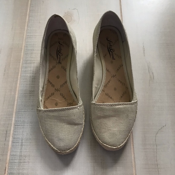 Lucky Brand Espadrille Wedges Canvas Gold Shoes - Picture 2 of 7
